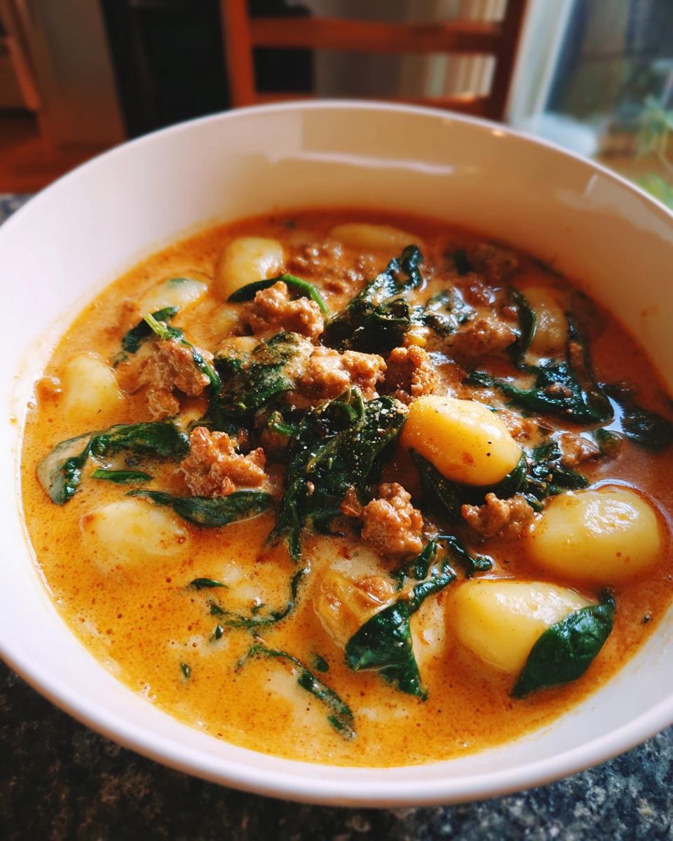 Close-up of a bowl of creamy sausage gnocchi soup with spinach and rich orange broth.