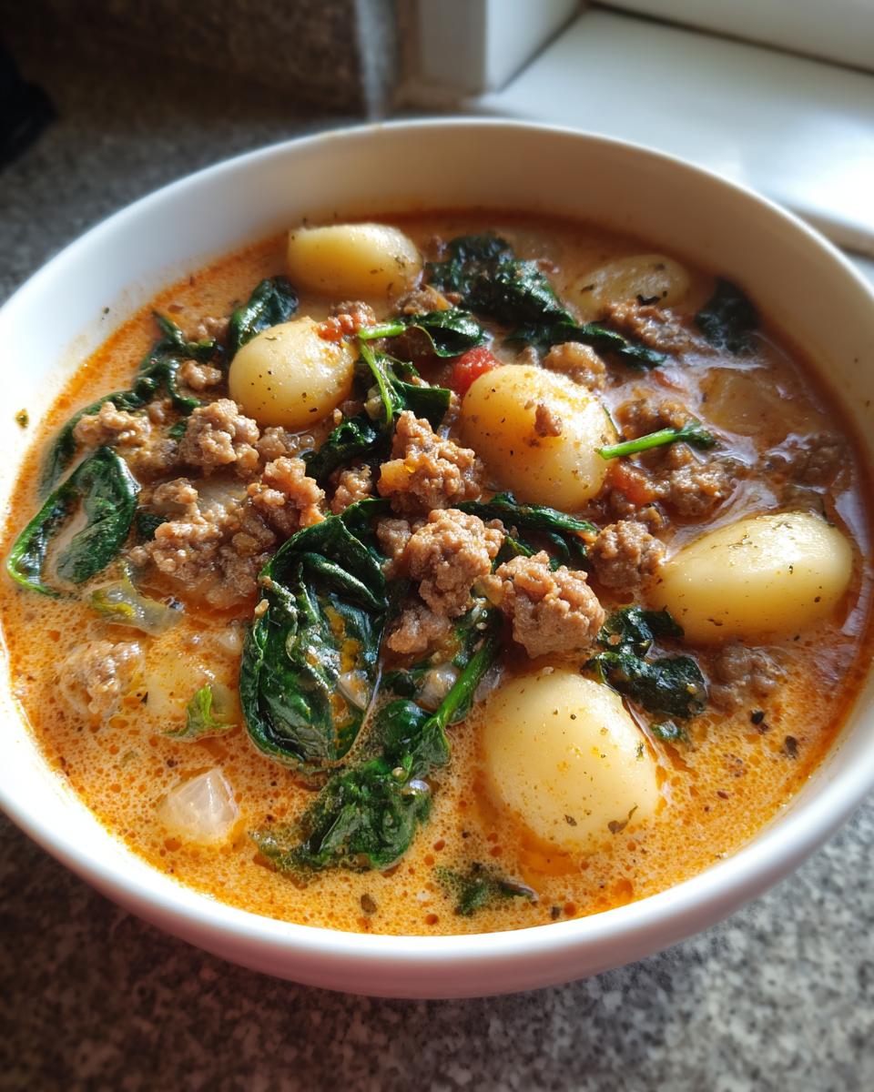 A close-up of a hearty bowl of creamy sausage gnocchi soup with spinach and browned sausage crumbles.