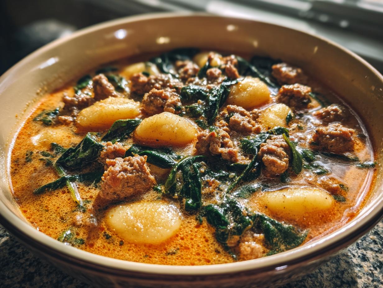 A close-up view of a hearty bowl of creamy sausage gnocchi soup with wilted spinach.