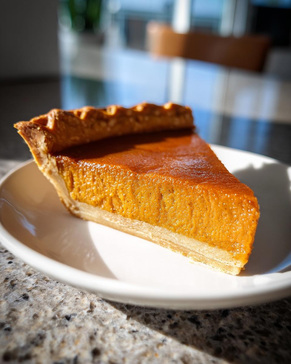 A close-up, sunlit slice of creamy sweet potato pie with a flaky crust on a white plate.