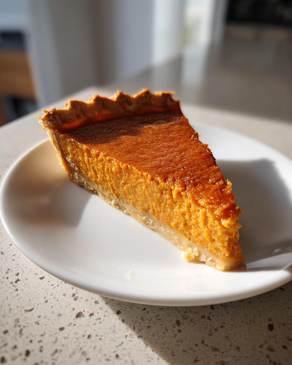 A close-up, sunlit slice of creamy sweet potato pie resting on a white plate.