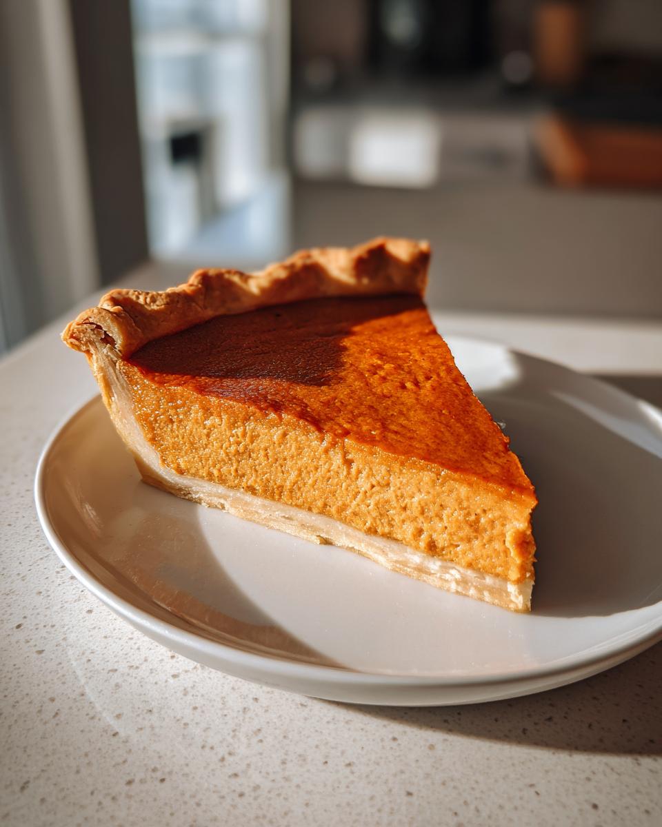 A perfect slice of creamy sweet potato pie resting on a white plate, bathed in natural sunlight.