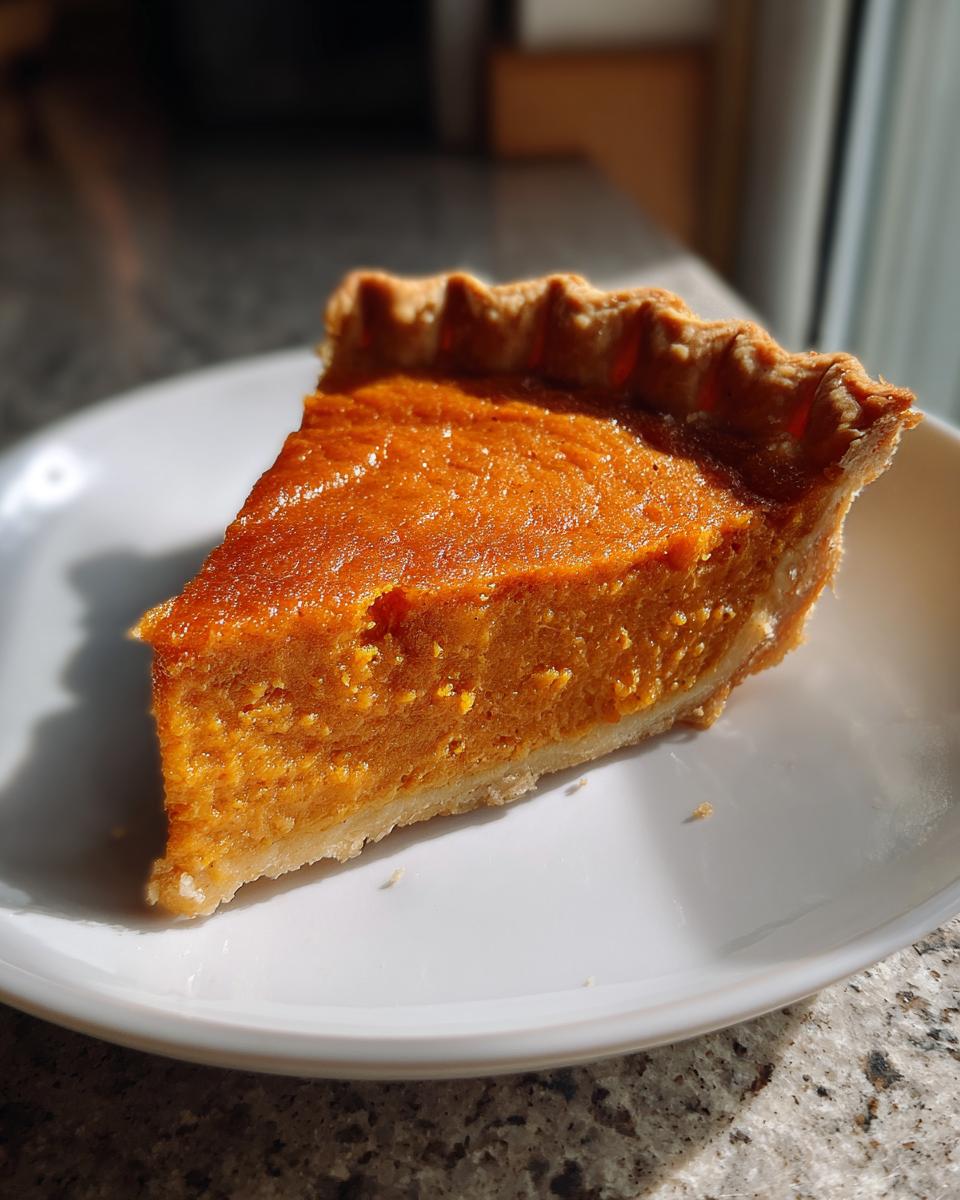A close-up, sunlit slice of creamy sweet potato pie resting on a white plate.