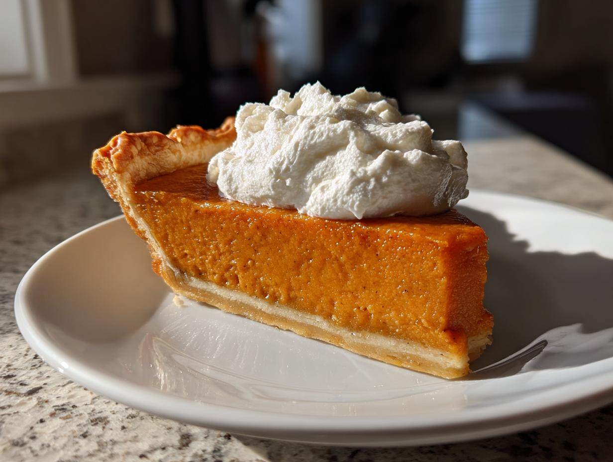 A close-up slice of rich, orange sweet potato pie topped with a generous dollop of whipped cream.