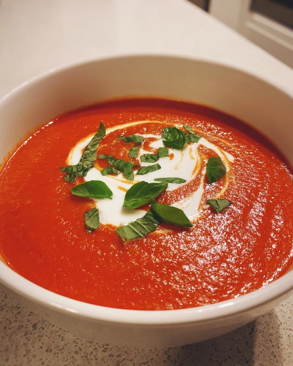 A close-up of rich, red tomato bisque topped with a swirl of cream and fresh basil leaves.