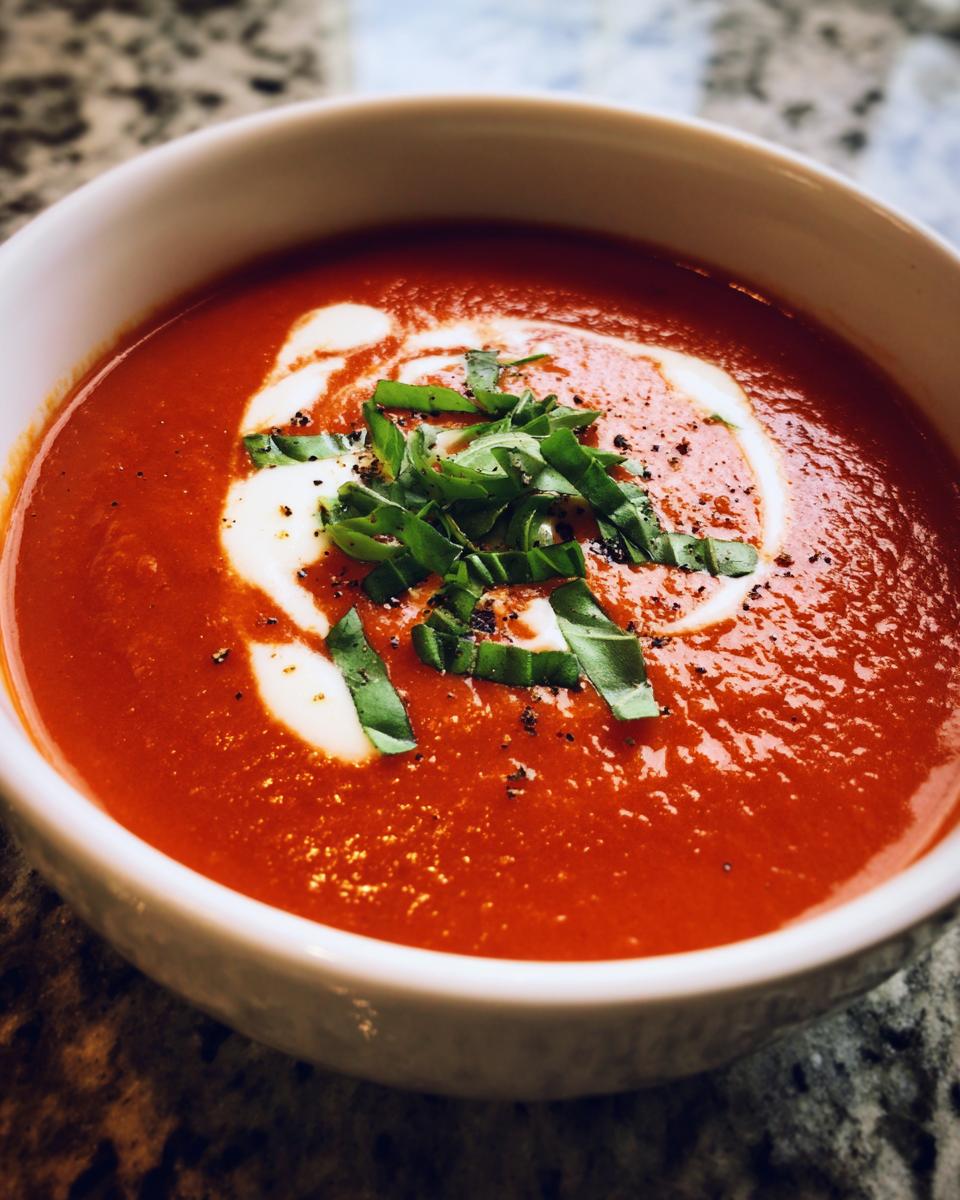Close-up of a rich, red tomato bisque garnished with a swirl of cream and fresh basil.