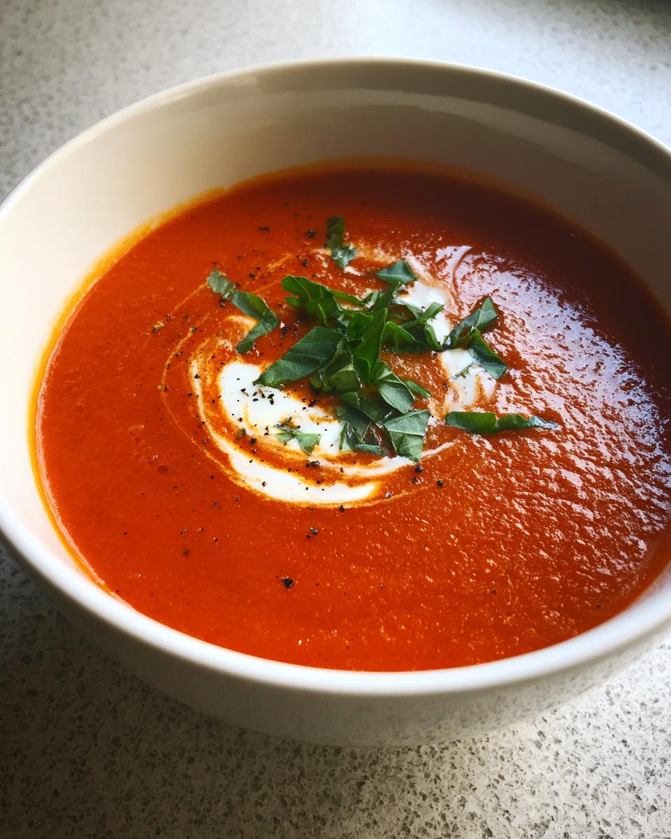 A close-up of a bowl of rich, orange-red tomato bisque, swirled with cream and topped with fresh basil.