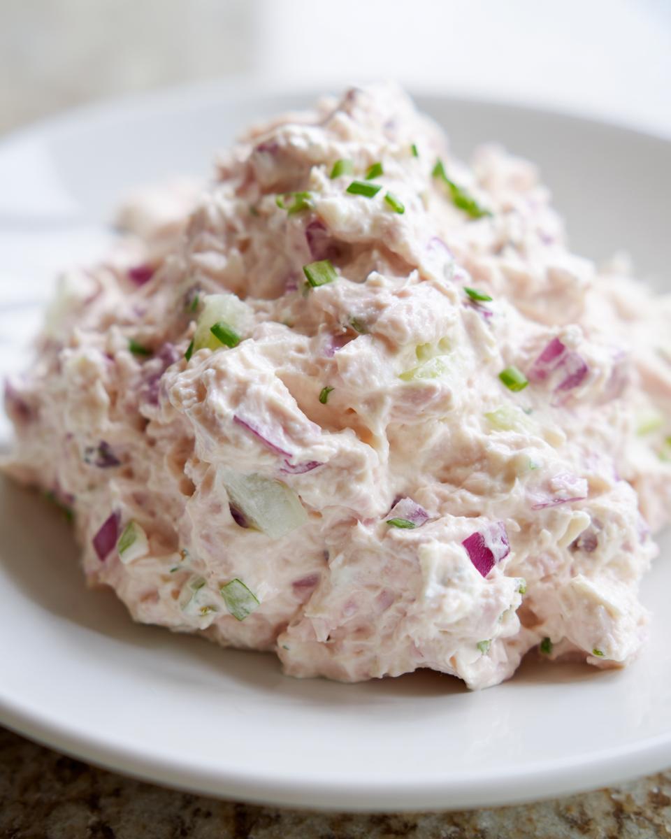 Close-up of a mound of creamy tuna dip mixed with visible chunks of red onion and topped with fresh chives.