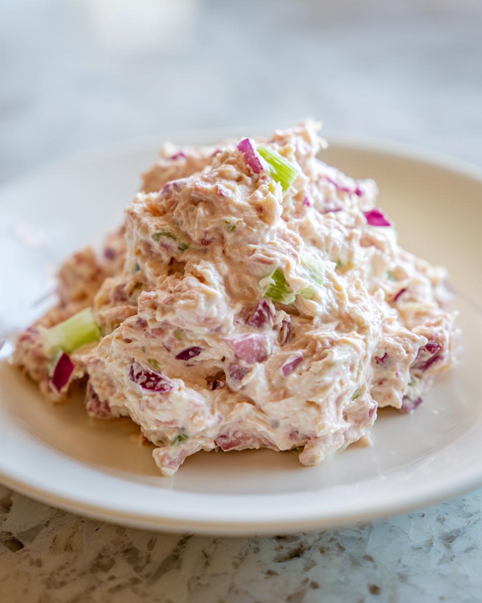 A scoop of creamy tuna dip mixed with visible chunks of red onion and celery on a white plate.