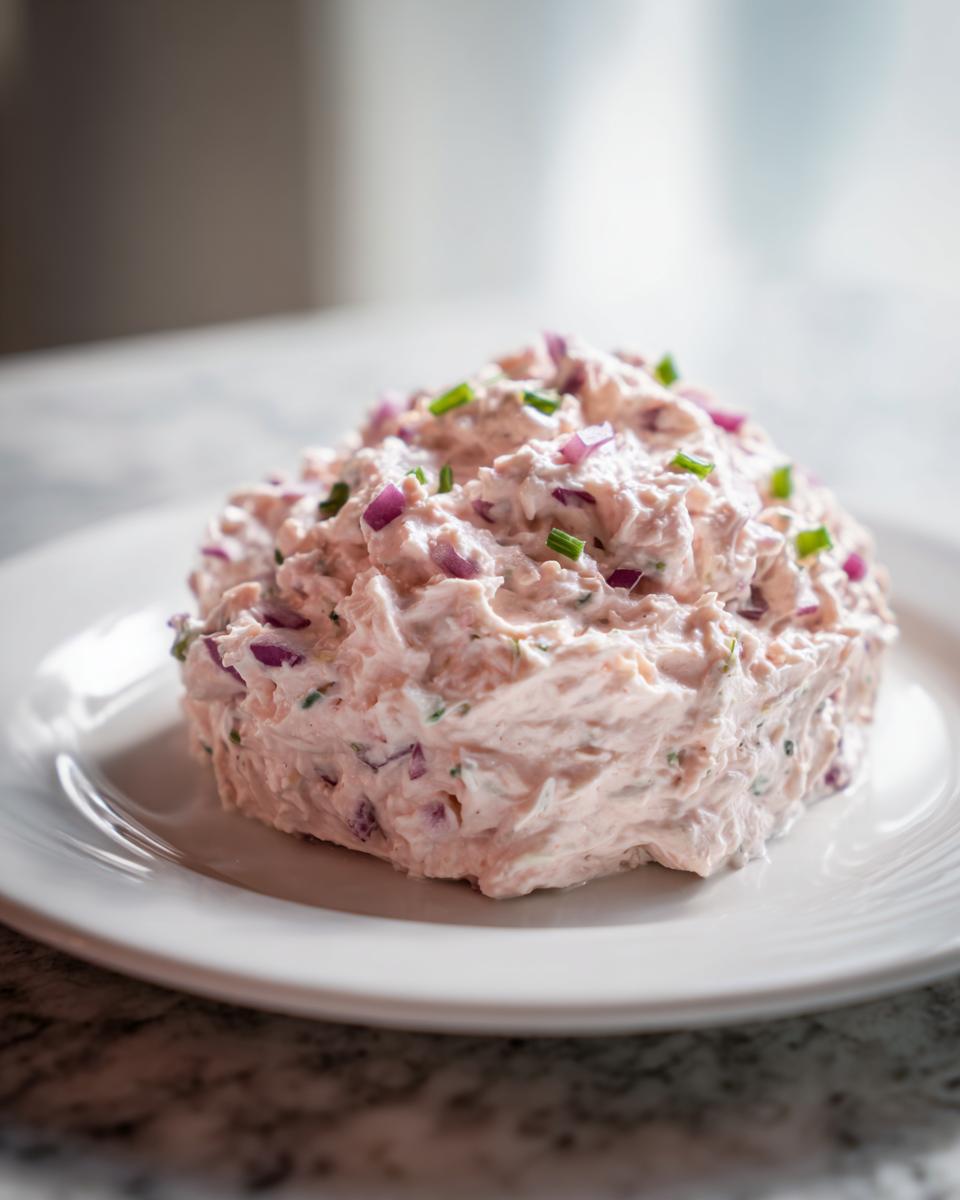 A mound of creamy, pink tuna dip mixed with diced red onion and topped with fresh green chives, served on a white plate.