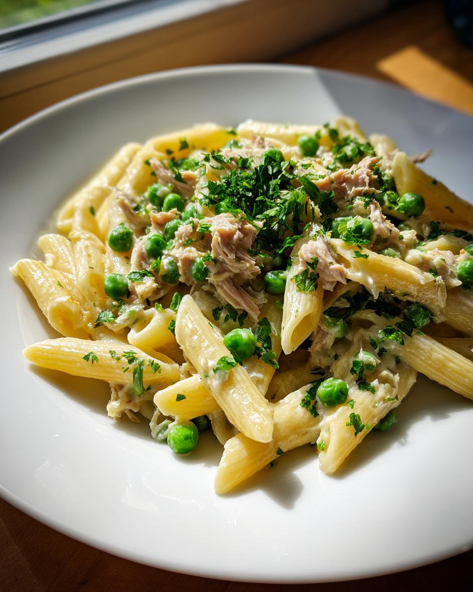 Close-up of creamy tuna pasta with bright green peas and fresh parsley garnish on a white plate.