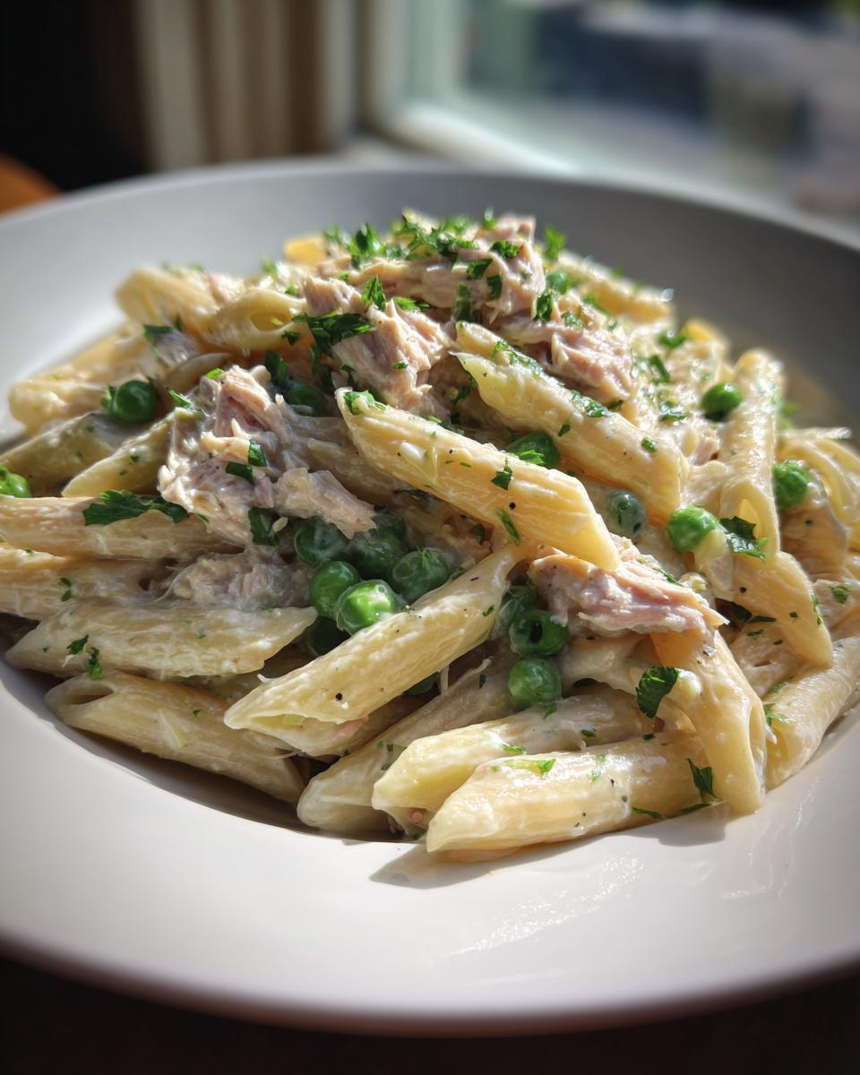 Close-up of creamy tuna pasta featuring penne, green peas, and fresh parsley topping.