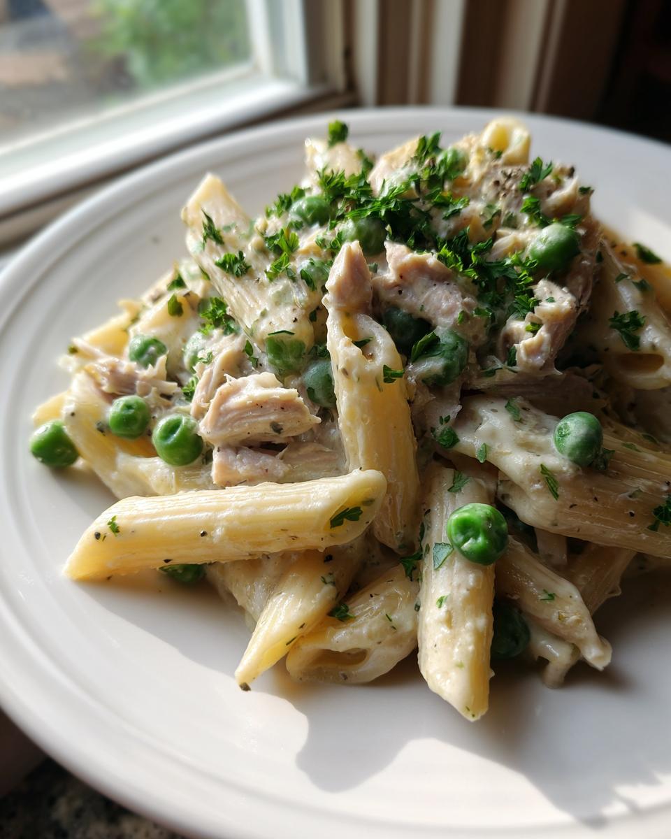 Close-up of creamy tuna pasta featuring penne, green peas, and fresh parsley garnish.