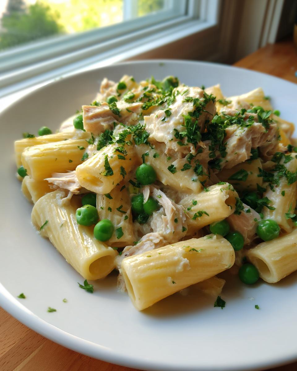 Close-up of creamy tuna pasta made with rigatoni, green peas, and topped with fresh parsley.