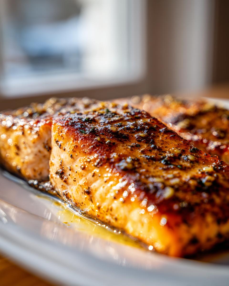 Close-up of a perfectly cooked, seasoned air fryer salmon fillet with a crispy, browned top.