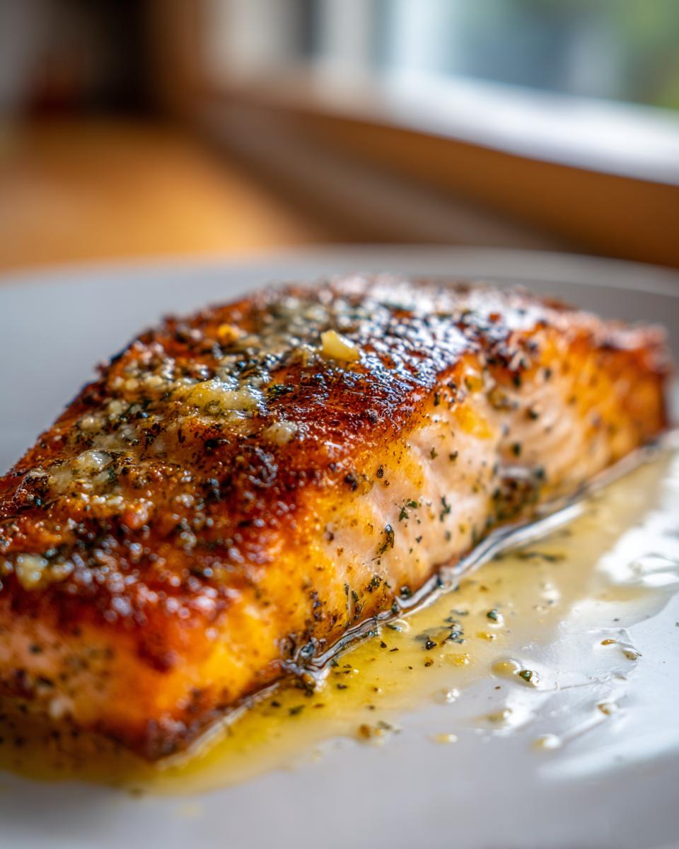 Close-up of a perfectly cooked, crispy air fryer salmon fillet topped with garlic butter.