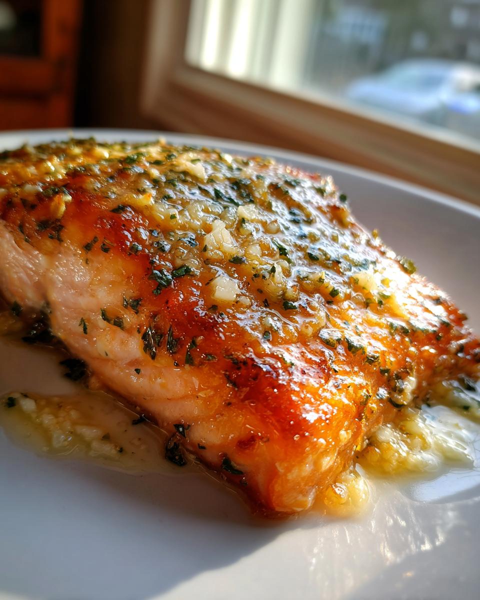 Close-up of a perfectly cooked piece of air fryer salmon with a shiny, golden-brown crust topped with minced garlic and herbs.