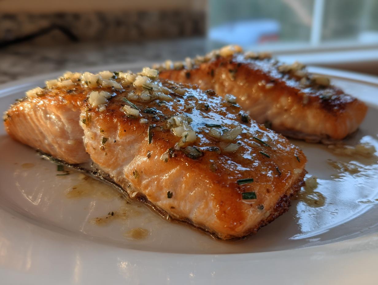 Two perfectly cooked fillets of air fryer salmon topped with a glistening garlic and herb glaze on a white plate.
