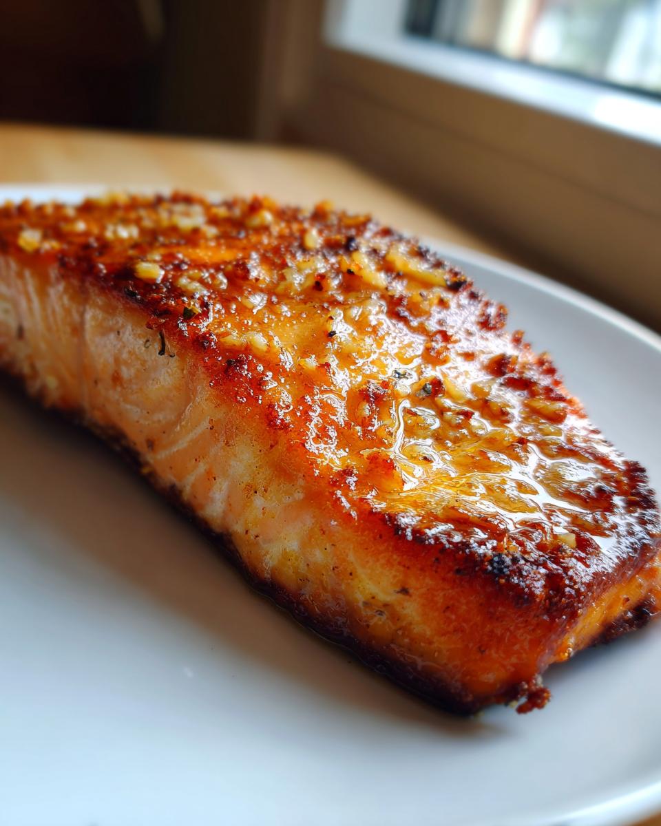 Close-up of a perfectly cooked, crispy air fryer salmon fillet with a shiny glaze and minced garlic topping.