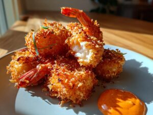 A close-up of several golden brown, crispy coconut shrimp piled on a light plate next to a dollop of orange dipping sauce.