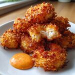 A pile of golden brown, crispy coconut shrimp served on a white plate with a dollop of orange dipping sauce.