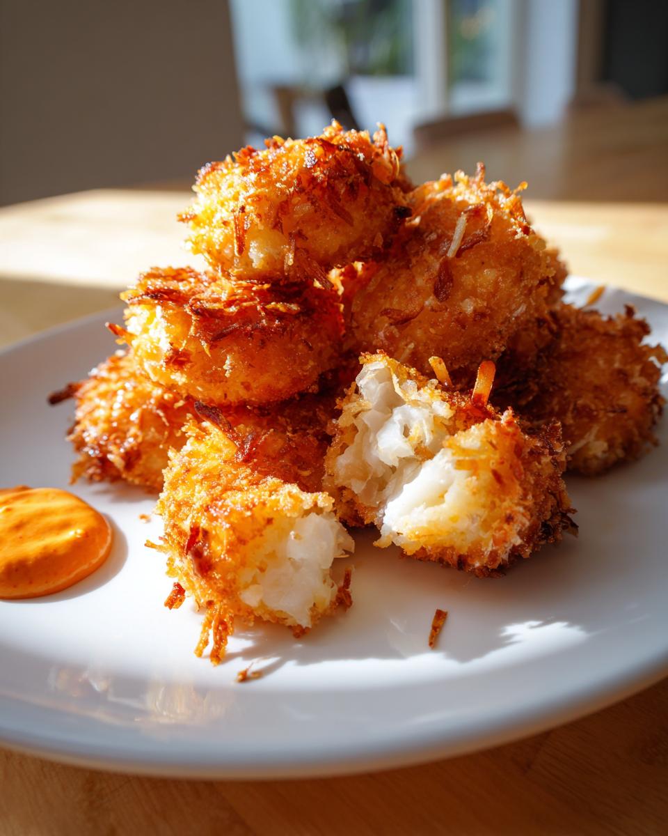 A stack of golden brown, crispy coconut shrimp on a white plate, one piece broken open showing the white shrimp inside.
