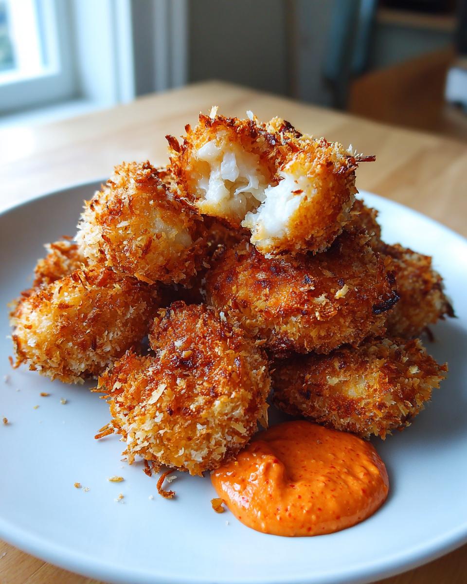 A stack of golden brown, crispy coconut shrimp served on a white plate with a dollop of orange dipping sauce.
