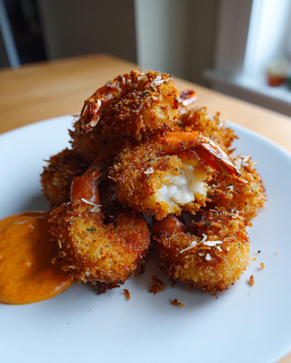 A stack of golden brown, crispy coconut shrimp served on a white plate next to a dollop of orange dipping sauce.