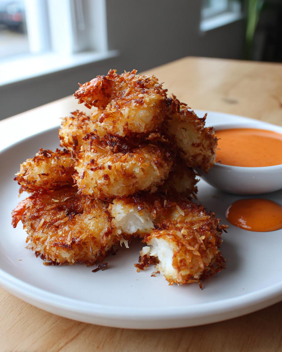 A stack of golden brown, crispy coconut shrimp served on a white plate with a side of orange dipping sauce.