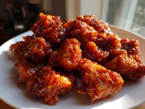 Close-up of crispy, glazed pieces of orange chicken recipe piled on a white plate, glistening under natural light.
