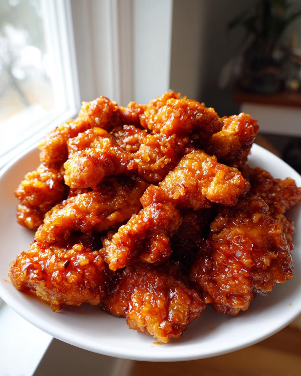 A white bowl filled with crispy, glazed pieces of orange chicken recipe, set near a bright window.