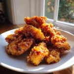 A pile of crispy, glazed orange chicken recipe pieces sprinkled with sesame seeds on a white plate.