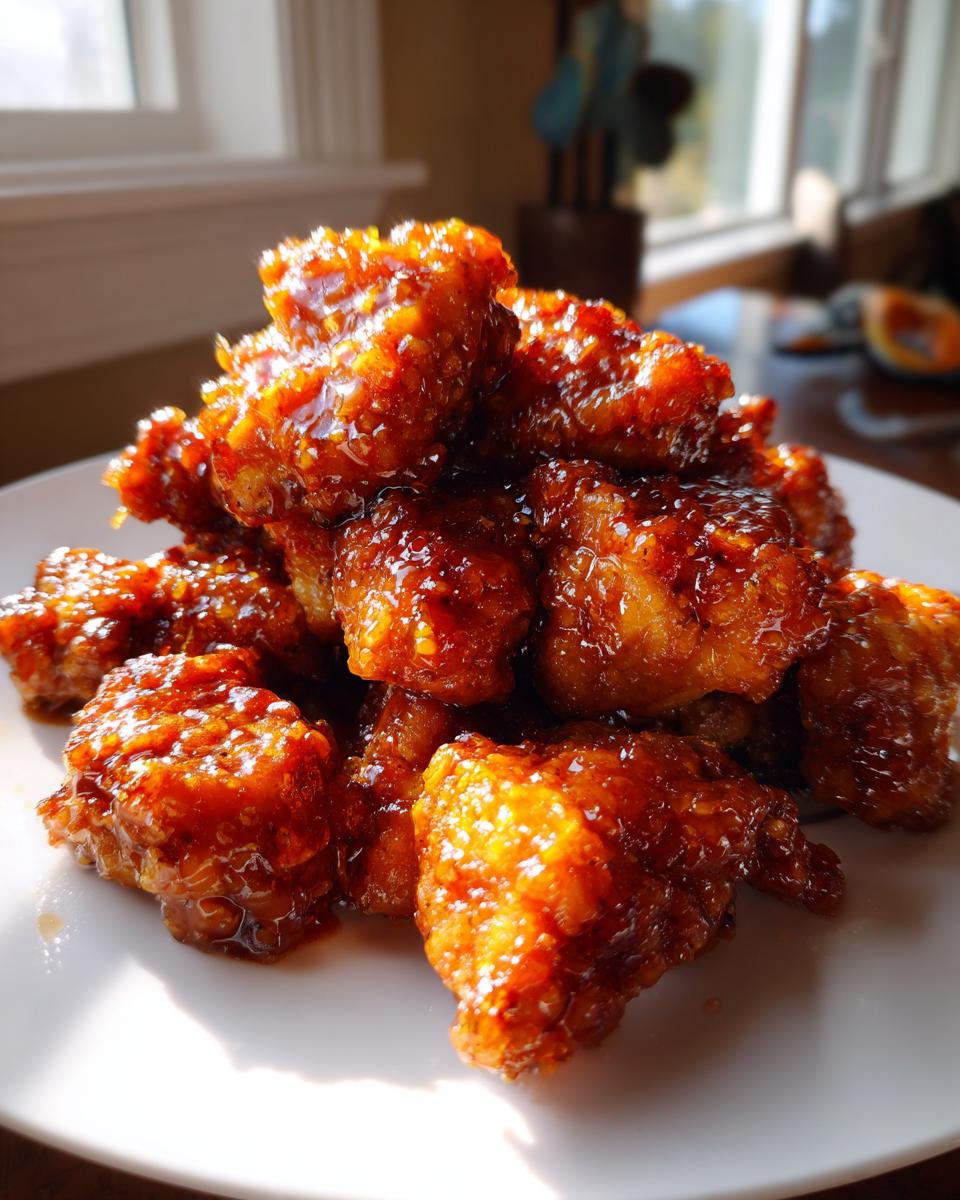 A pile of crispy, glazed pieces of orange chicken recipe served on a white plate, glistening in sunlight.