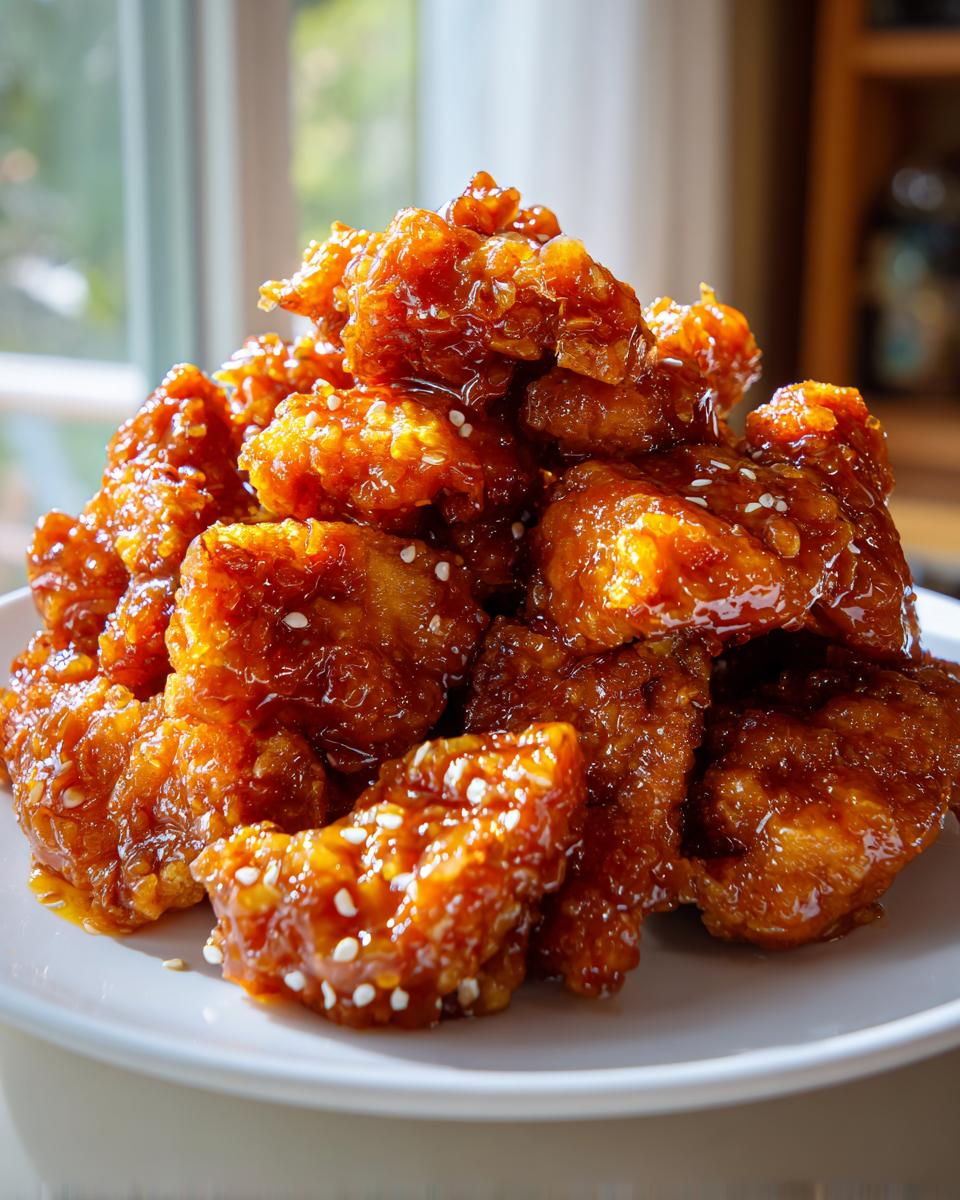 A close-up pile of crispy, glazed orange chicken pieces sprinkled with white sesame seeds on a white plate.