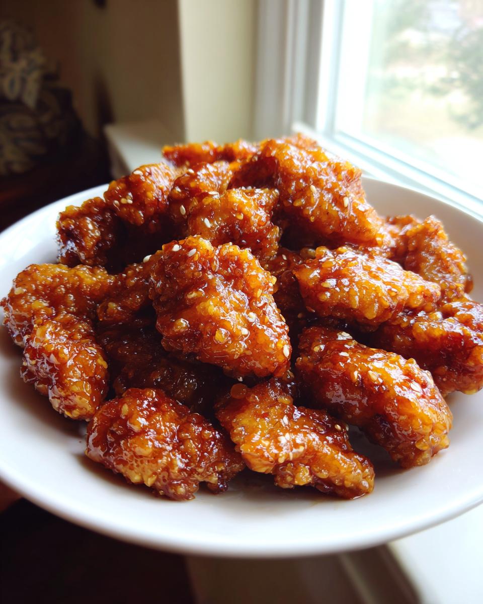 Close-up of crispy, glazed orange chicken recipe pieces sprinkled with sesame seeds in a white bowl.