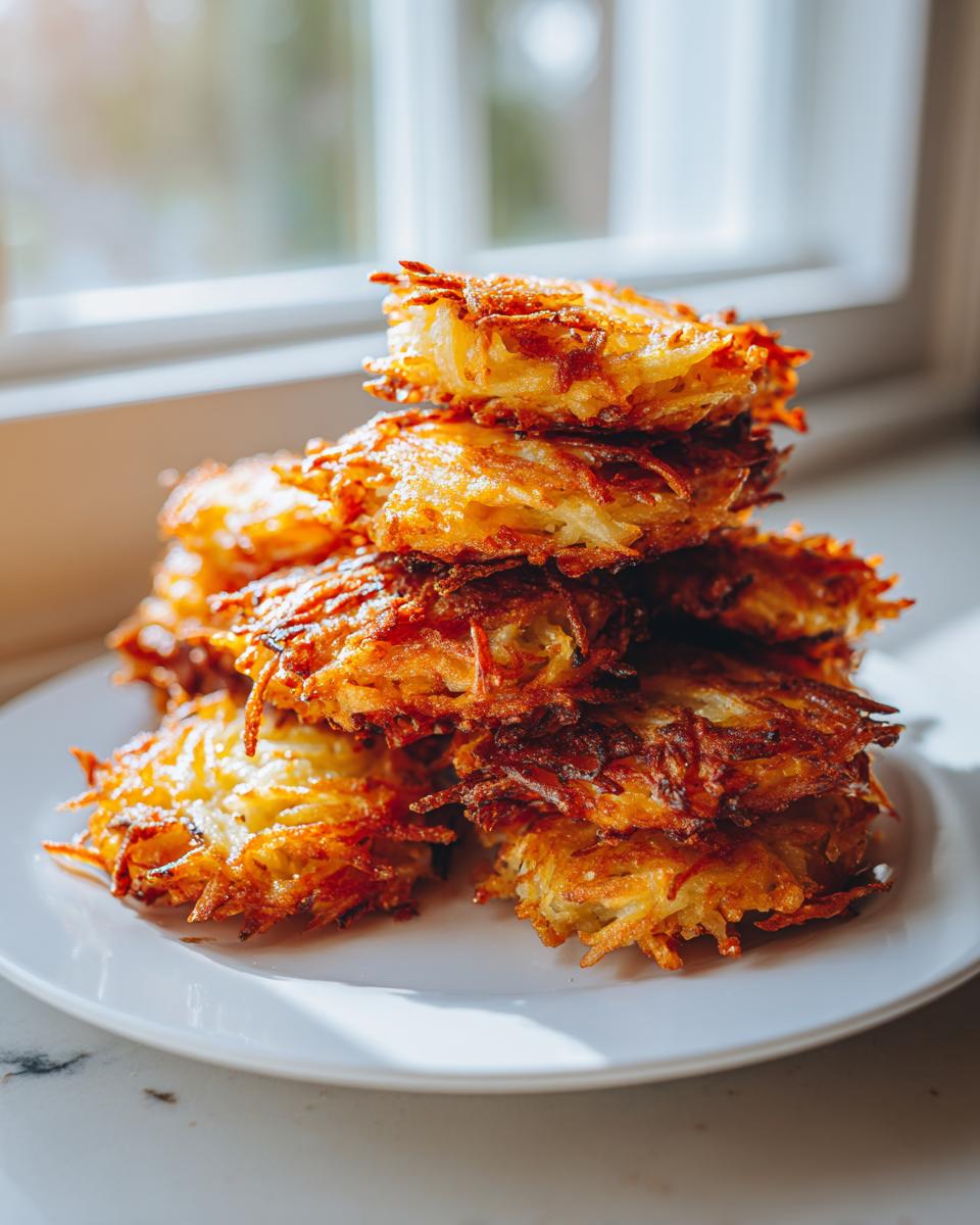 A tall stack of golden brown, crispy potato latkes piled high on a white plate near a sunlit window.