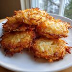 A stack of perfectly golden brown and crispy potato latkes, showcasing shredded texture.