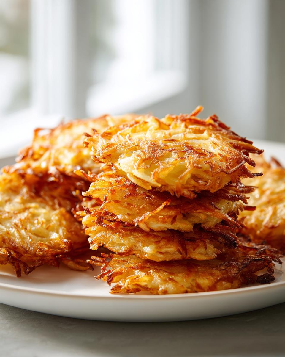 A tall stack of perfectly golden brown, crispy potato latkes piled high on a white plate.