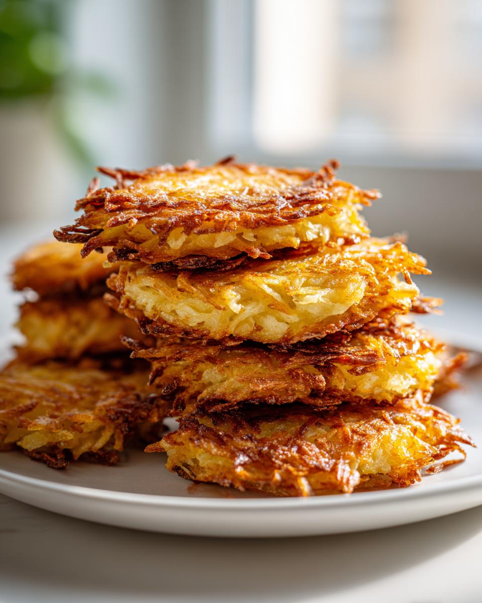 A tall stack of golden brown, crispy potato latkes piled high on a white plate.