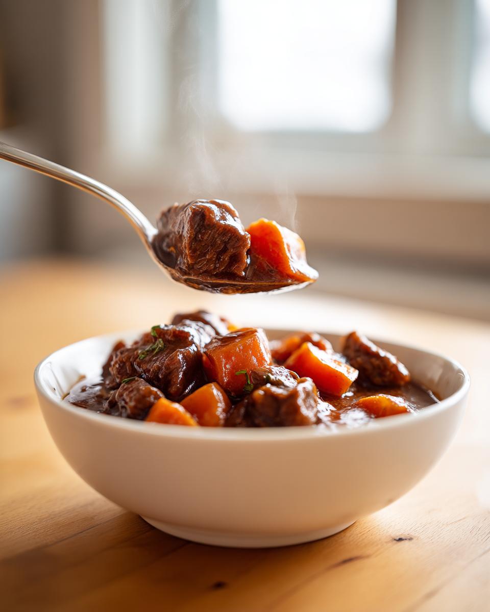 A spoonful of rich, steaming crockpot beef stew lifted above a white bowl filled with tender beef chunks and carrots.