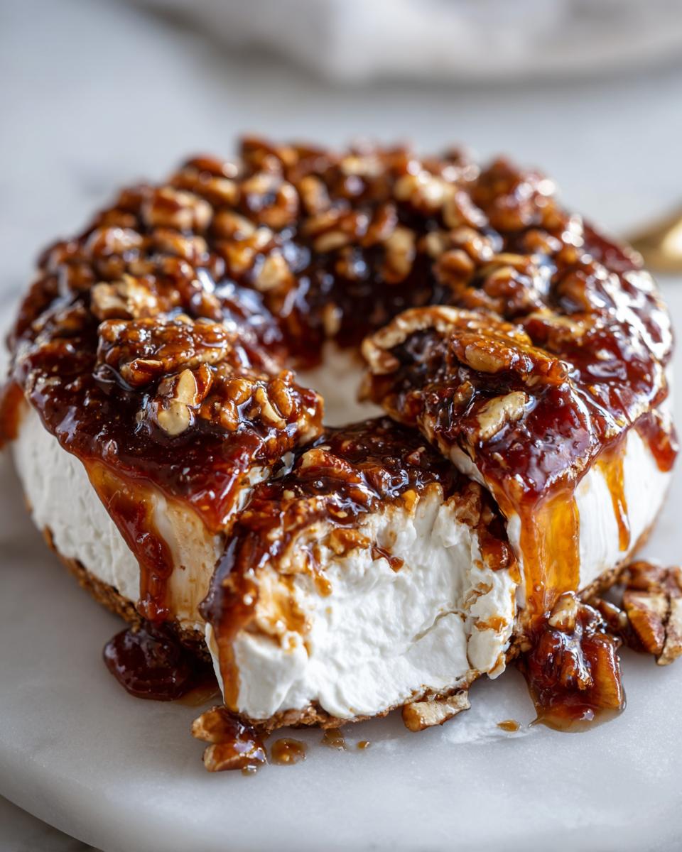 A rich, creamy pecan pie dip topped with sticky, glazed pecans and caramel sauce dripping down the sides.