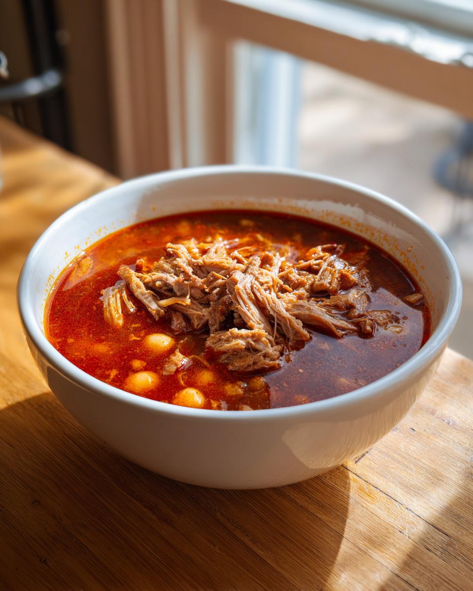 A close-up of a white bowl filled with rich, red Pozole rojo, topped generously with shredded pork and hominy.