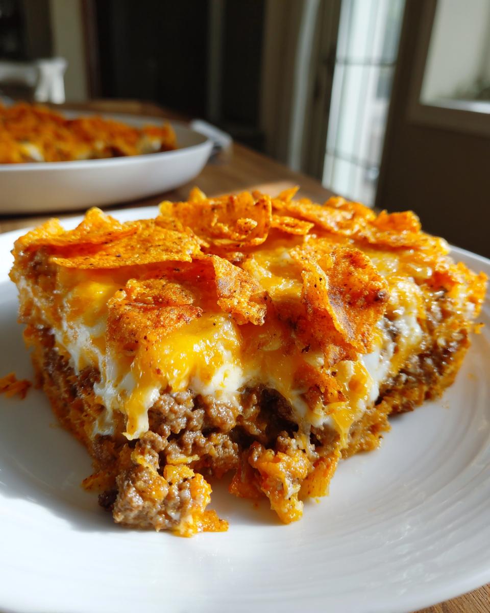 Close-up of a hearty slice of Dorito Casserole featuring seasoned ground beef, melted cheese, and a crunchy Dorito topping.