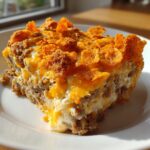 Close-up of a hearty slice of Dorito Casserole topped with melted cheese and crunchy Doritos.