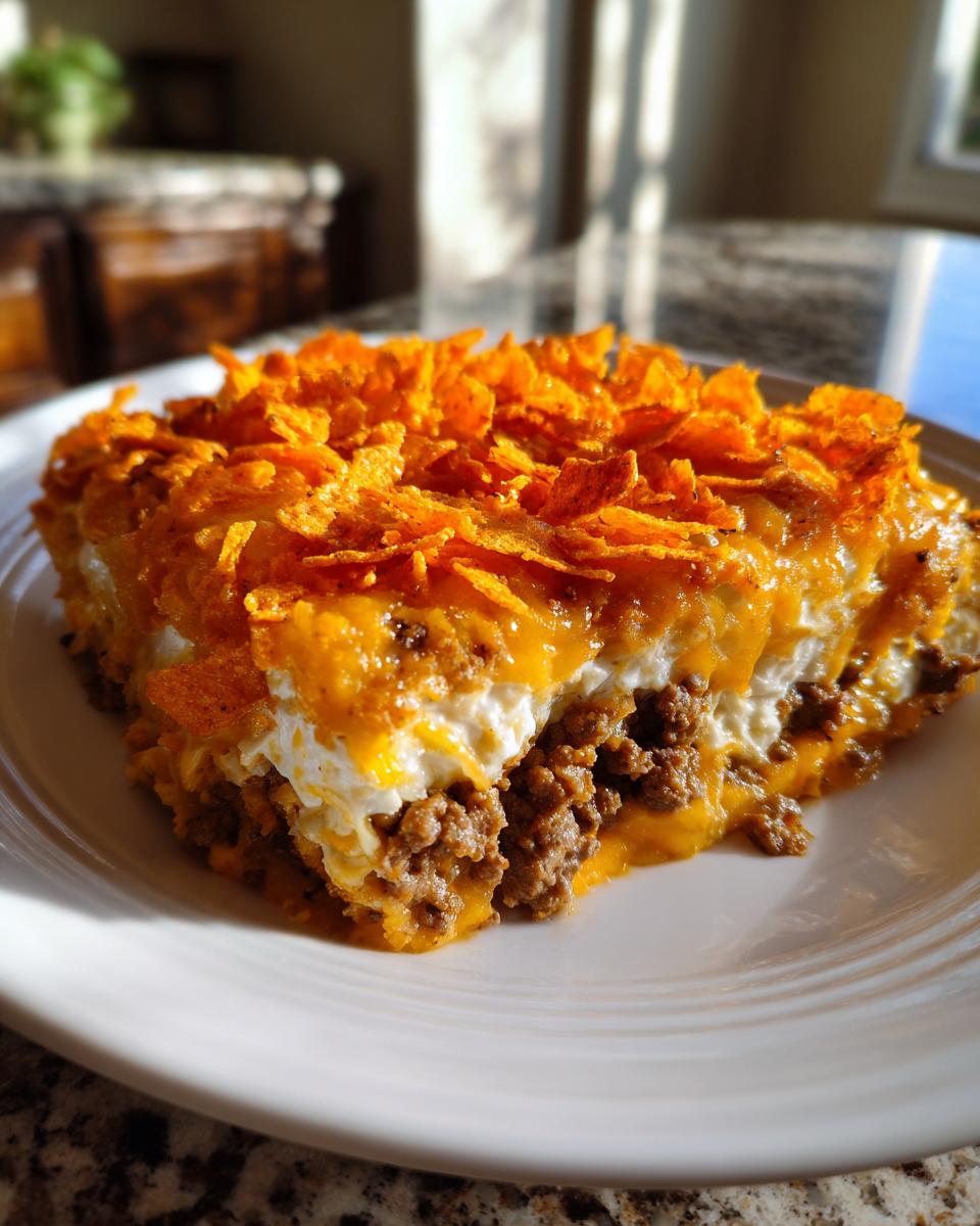 A generous slice of Dorito Casserole featuring layers of seasoned ground beef, cheese, and a crunchy Dorito chip topping.