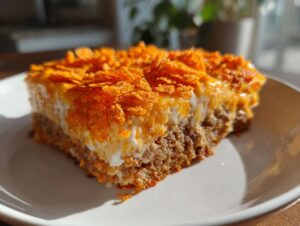A square slice of Dorito Casserole featuring layers of meat, creamy sauce, and a bright orange Doritos chip topping.
