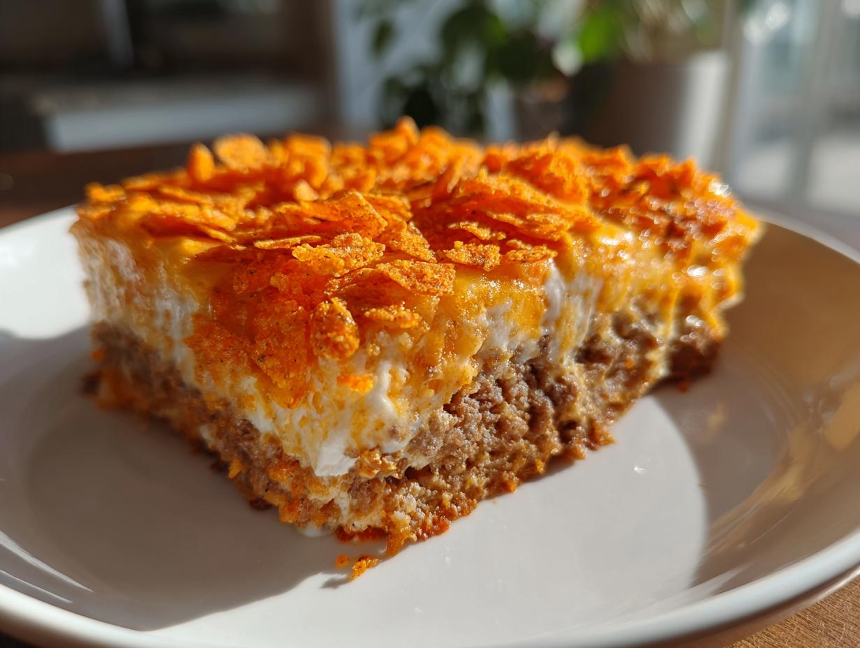 A square slice of Dorito Casserole featuring layers of meat, creamy sauce, and a bright orange Doritos chip topping.