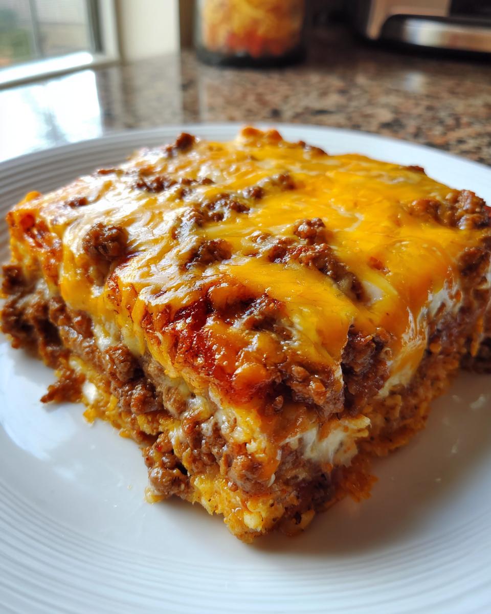A square slice of rich doritos casserole with ground beef, layered with creamy sauce and topped with melted cheddar cheese.