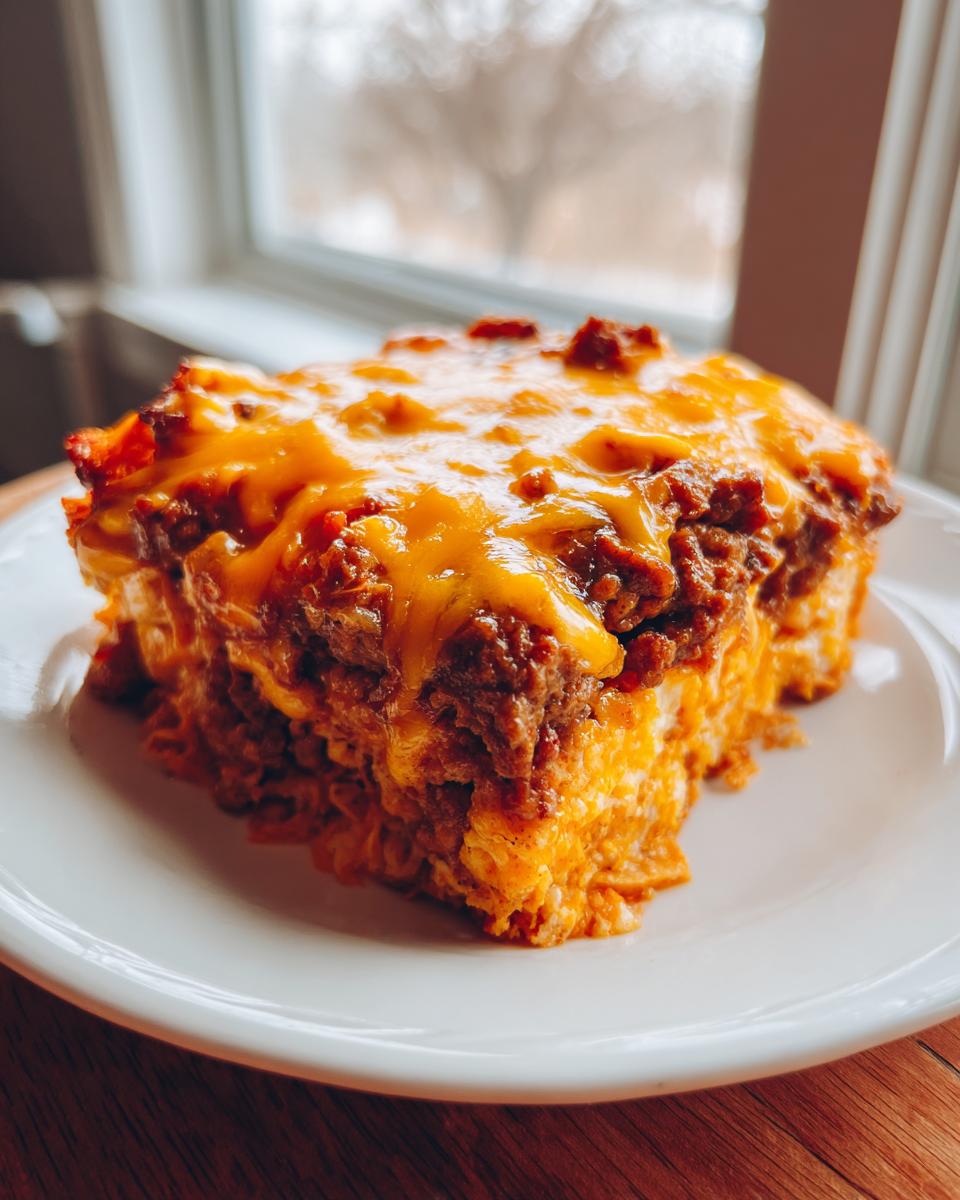 A close-up of a hearty serving of doritos casserole with ground beef topped with melted cheddar cheese.