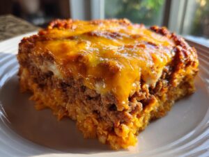 A close-up slice of doritos casserole with ground beef, topped with melted orange cheddar cheese.